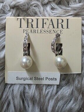 Trifari Silver Hoop Earrings with Cream Pearl Drops